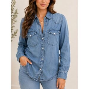Current Elliott C/E Womens Blue Denim Western Snap Button Shirt Long Sleeve, S